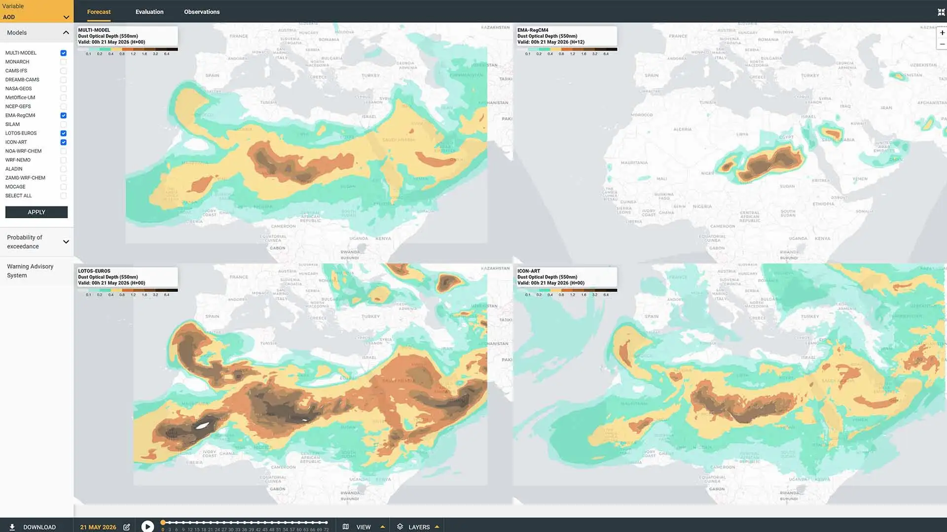Panel cartográfico para explorar predicciones de polvo sahariano.
